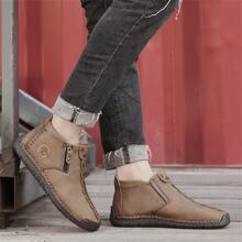 男士字母圖案側邊拉鏈手工靴子,閒暇戶外靴子 - 卡其色 - 查看 8