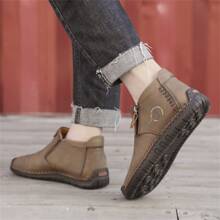 男士字母圖案側邊拉鏈手工靴子,閒暇戶外靴子 - 卡其色 - 查看 7