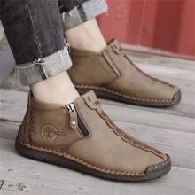 男士字母圖案側邊拉鏈手工靴子,閒暇戶外靴子 - 卡其色 - 查看 9