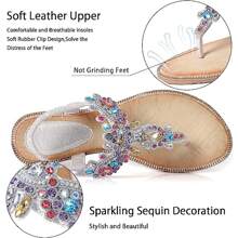 Women Rhinestone Sandals T-Strap Buckle Bohemian Pearl Crystal Flat Sandals - Silver - View 3