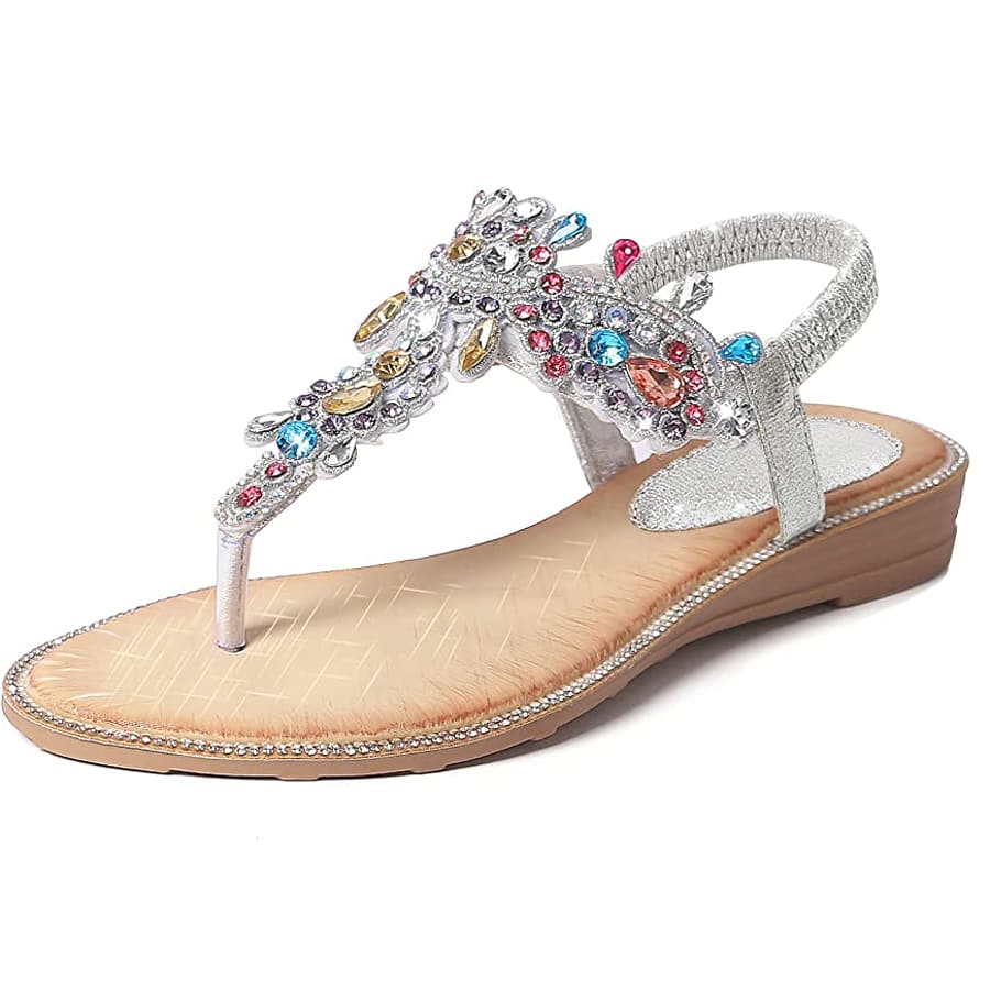 Women Rhinestone Sandals T-Strap Buckle Bohemian Pearl Crystal Flat Sandals - Silver - View 1