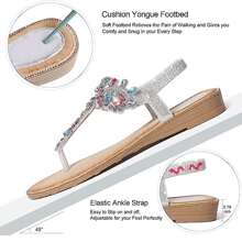 Women Rhinestone Sandals T-Strap Buckle Bohemian Pearl Crystal Flat Sandals - Silver - View 4