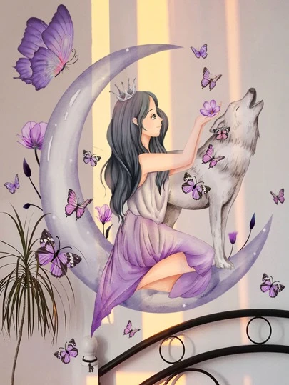 mama look 2pcs Purple Girl Butterfly Moon Wolf Wall Sticker For Children's Room Bedroom Decor,Stickers,Wall Decal, Vinyl Decal For Home Decorations,Spring Decoration Items Refresh Your Home,Rama Decoration Stickers Gifts Birthday Graduation