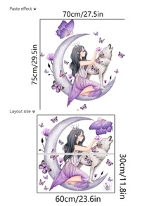 mama look 2pcs Purple Girl Butterfly Moon Wolf Wall Sticker For Room Bedroom Decor,Stickers,Wall Decal, Vinyl Decal For Home Decorations,Spring Decoration Items Refresh Your Home,Rama Decoration Stickers Gifts Birthday Graduation - Purple - View 2
