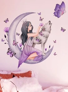 mama look 2pcs Purple Girl Butterfly Moon Wolf Wall Sticker For Room Bedroom Decor,Stickers,Wall Decal, Vinyl Decal For Home Decorations,Spring Decoration Items Refresh Your Home,Rama Decoration Stickers Gifts Birthday Graduation - Purple - View 3