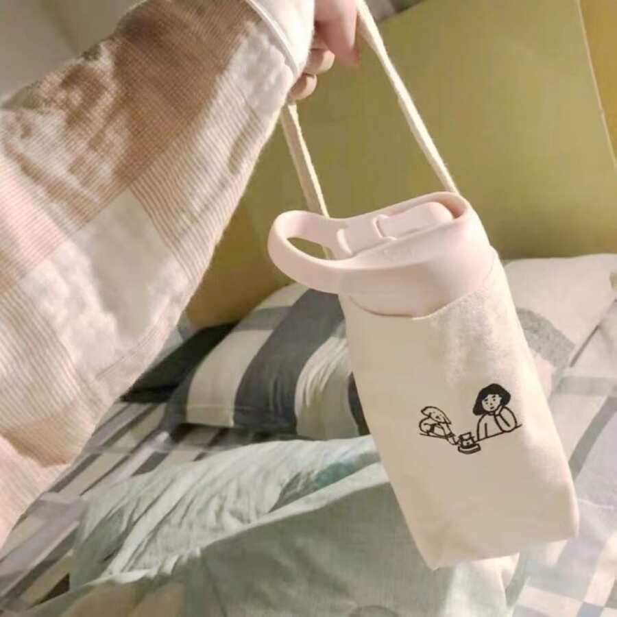 1pc Canvas Cup Sleeve With Handle For Insulated And Glass Cup - Beige - View 1
