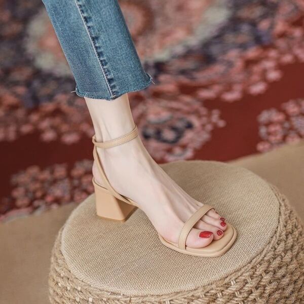 Women Chunky Heeled Ankle Strap Sandals, Elegant Summer Apricot Heeled Sandals