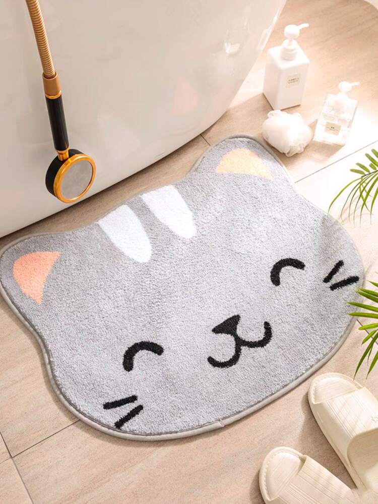1pc Grey Cat Cute Rug, Bathroom Non-Slip Floor Mat, Cartoon Washable Doormat For Bedroom/Living Room Home Bathroom Decor Floor Carpet Outdoor Rug Door Mat Fall Decor Bathroom Accessories Back To School Entryway Decor