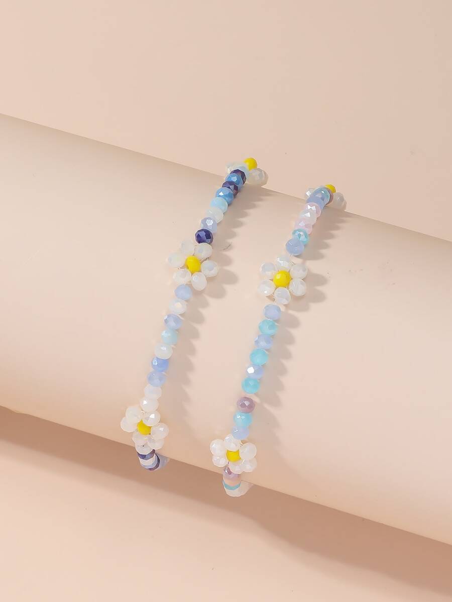 套裝2和甜美風花朵串珠彈力手鍊 - 彩色 - 查看 1