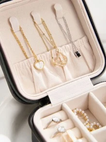 1入組方形首飾盒,便攜珠寶收納盒收納盒帶多種隔間,適用於耳環,項鍊,環,女士首飾盒,家庭或者旅行收納,戒指盤,黑色 - 黑色 - 查看 3