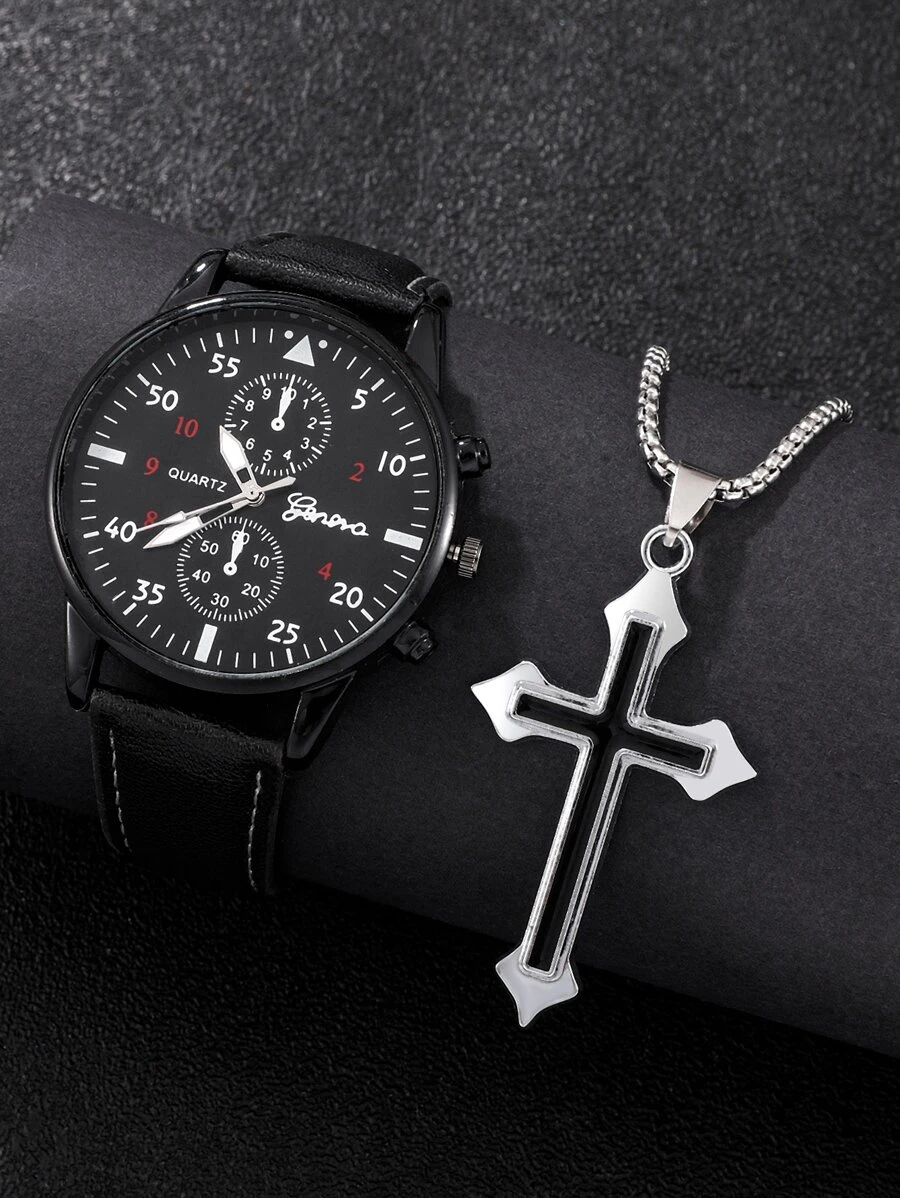 2pcs Men's Casual Business Round Dial Quartz Watch Set - Black - View 1