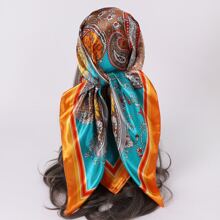 1入組彩色幾何圖案90*90cm方形圍巾適用於頭巾帽 - 橘色 - 查看 1