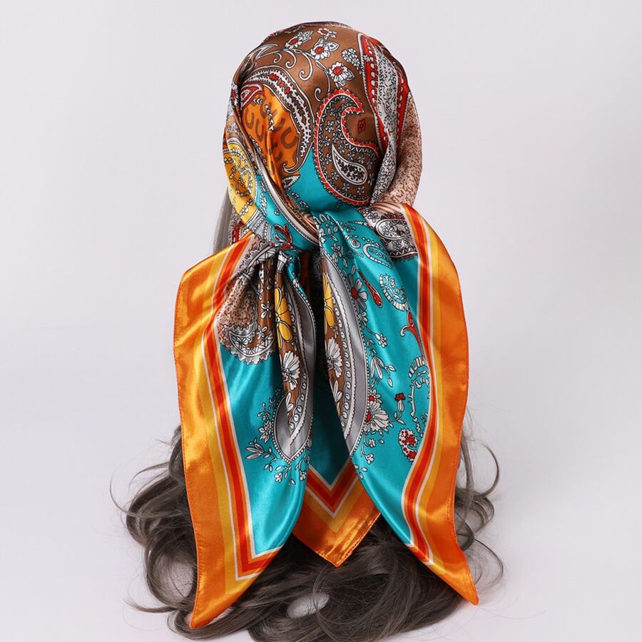 1入組彩色幾何圖案90*90cm方形圍巾適用於頭巾帽 - 橘色 - 查看 1