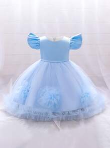 Girls' Elegant Satin & Mesh Solid Color Formal Dress, Suitable For Hosting And Runway - Blue - View 1