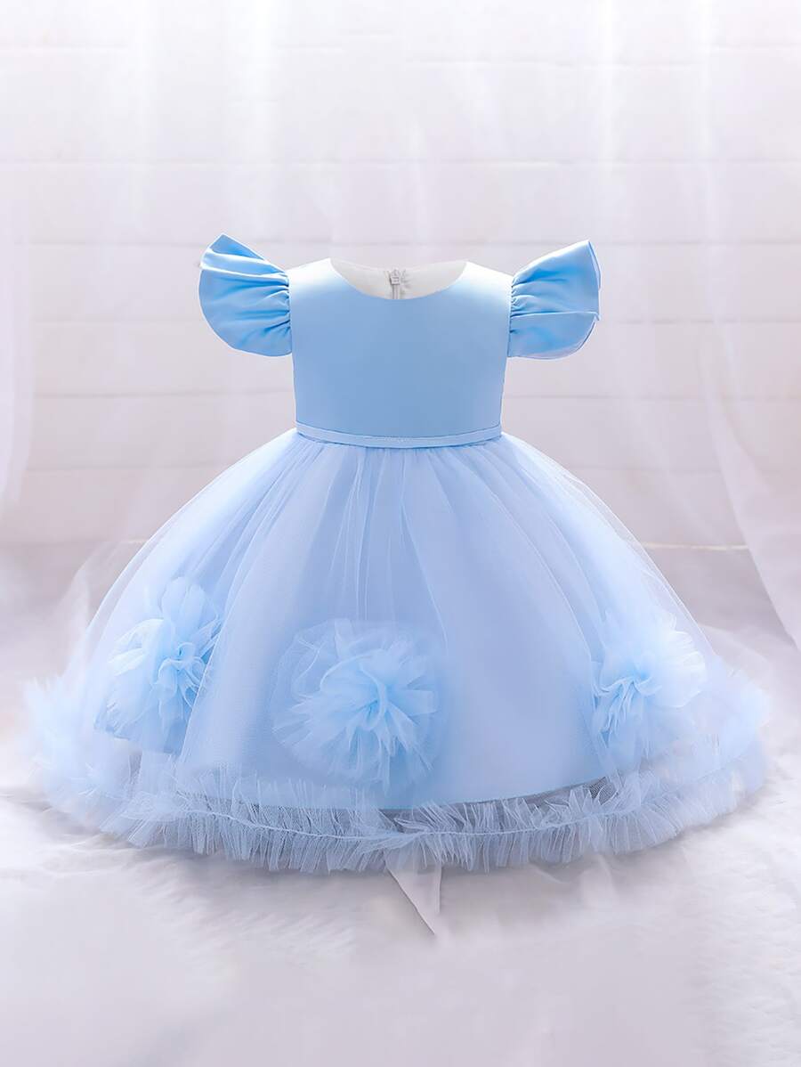 Girls' Elegant Satin & Mesh Solid Color Formal Dress, Suitable For Hosting And Runway - Blue - View 1