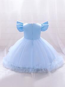 Girls' Elegant Satin & Mesh Solid Color Formal Dress, Suitable For Hosting And Runway - Blue - View 2