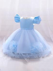 Girls' Elegant Satin & Mesh Solid Color Formal Dress, Suitable For Hosting And Runway - Blue - View 3