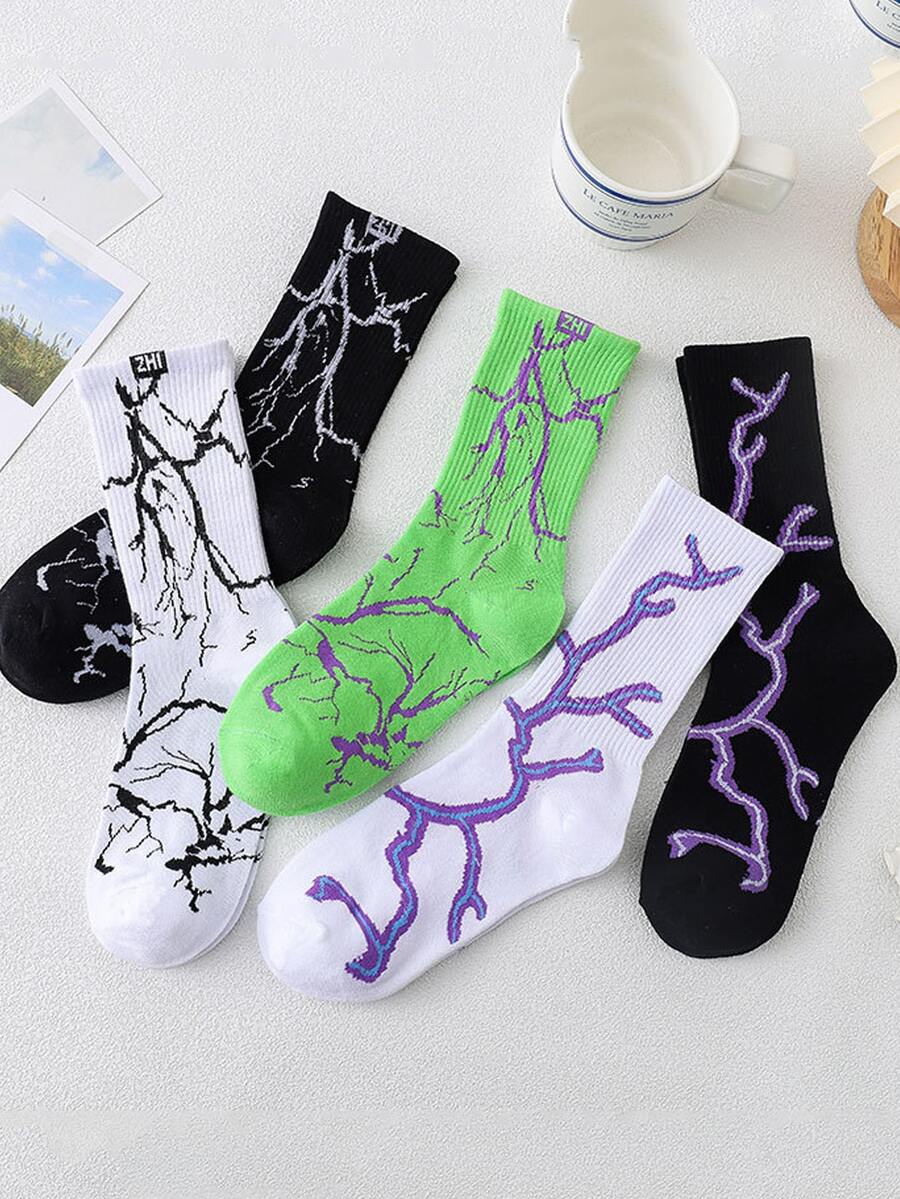 5 Pairs Korean Style Lightning Print Streetwear Sports Socks For Men, Spring Summer - Multicolor - View 1