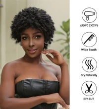 Short Curly Synthetic Wig With Bangs - Black - View 2