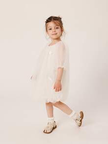 MARC&JANIE 少女甜美3D星星拼接圓領泡泡袖網紗舞會公主禮服，夏季 - 白色 - 查看 3