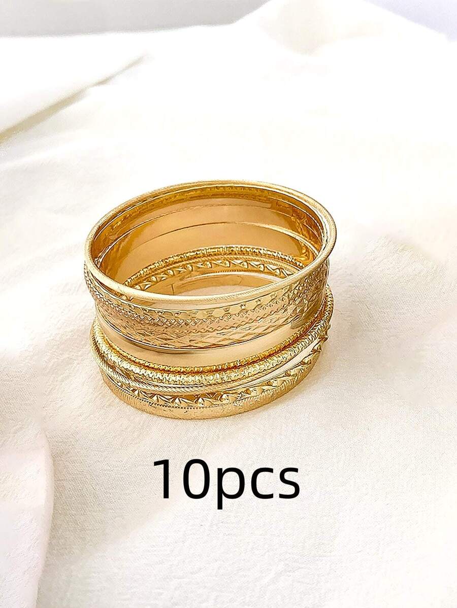 Set of 10 Boho Geometric Metal Bracelet - Yellow Gold - View 1