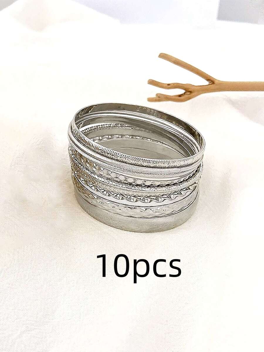 Set of 10 Boho Geometric Metal Bracelet - Silver - View 1