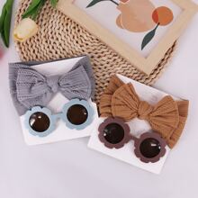 2 piezas Bebé Tocado Set , con lazo nailon Diadema ancha con Gafas de sol Accesorios de pelo - Caqui - Ver 2