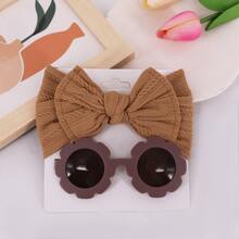 2 piezas Bebé Tocado Set , con lazo nailon Diadema ancha con Gafas de sol Accesorios de pelo - Caqui - Ver 1