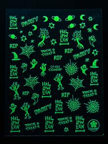 FULL BEAUTY 2入組萬聖節指甲貼發光設計幽靈蜘蛛網明星魔術帽貼花美甲滑塊裝飾美甲配件 DIY - 白色 - 查看 5