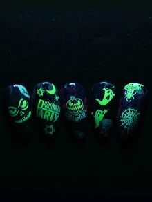 FULL BEAUTY 2入組萬聖節指甲貼發光設計幽靈蜘蛛網明星魔術帽貼花美甲滑塊裝飾美甲配件 DIY - 白色 - 查看 8