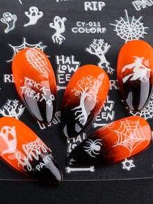 FULL BEAUTY 2入組萬聖節指甲貼發光設計幽靈蜘蛛網明星魔術帽貼花美甲滑塊裝飾美甲配件 DIY - 白色 - 查看 9