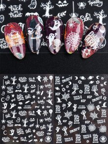 FULL BEAUTY 2入組萬聖節指甲貼發光設計幽靈蜘蛛網明星魔術帽貼花美甲滑塊裝飾美甲配件 DIY - 白色 - 查看 2