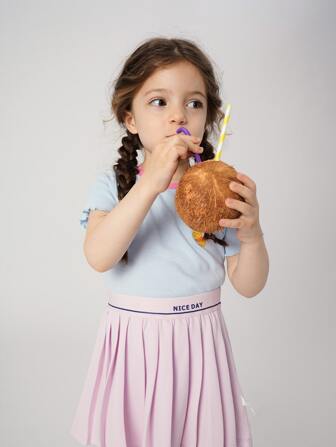 MARC&JANIE 年輕女孩彈力針織撞色木耳邊短袖T恤適合夏天