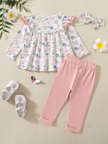 Baby Girl Floral Print Ruffle Trim Tee & Bow Front Pants - Dusty Pink - View 2