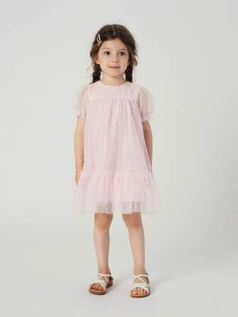 MARC&JANIE Vestido de princesa de verano para niñas pequeñas con mangas abombadas, tela de malla, Estilo #230977