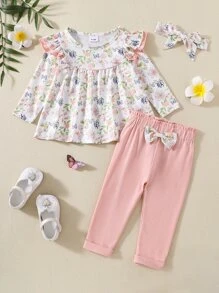 Baby Girl Floral Print Ruffle Trim Tee & Bow Front Pants - Dusty Pink - View 1