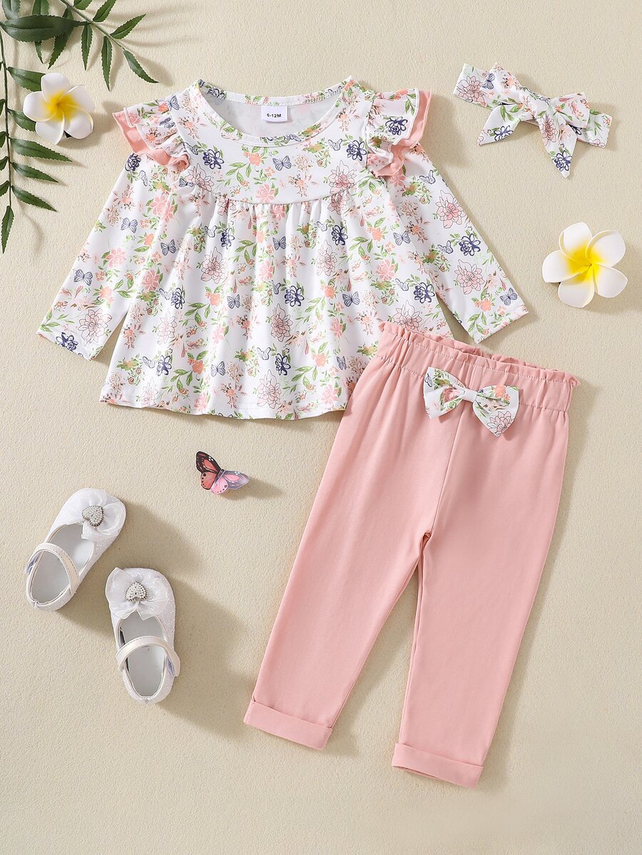 Baby Girl Floral Print Ruffle Trim Tee & Bow Front Pants - Dusty Pink - View 1