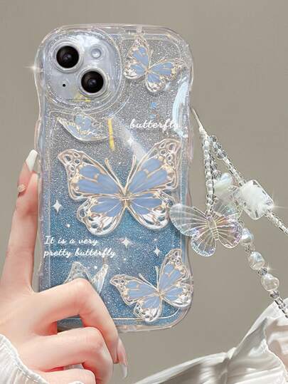 Fairycore Phone Charm Summer 1pc Blue Ombre Glitter Card Holder + Butterfly Bracelet + Blue Anti-Fall Tpu Phone Case Compatible With Iphone Compatible With IPhone 15/15Pro/15Plus/15Promax Kawaii