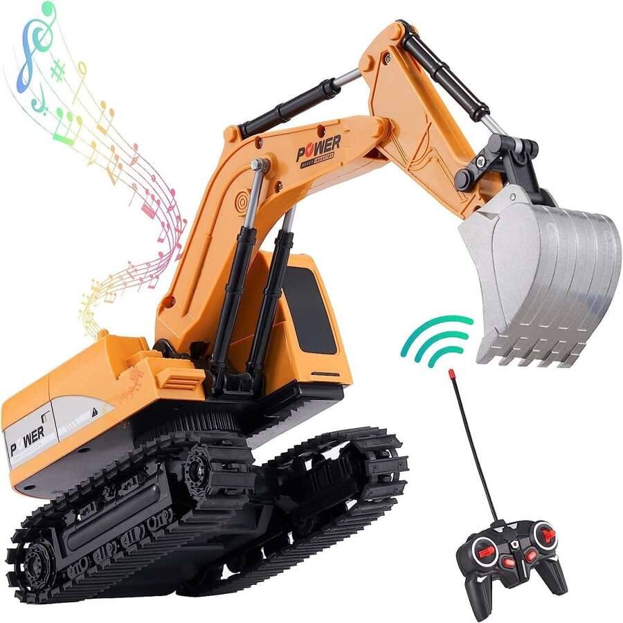 Excavador,Juguete de Excavadora RC,Excavadora de Juguete RC a Escala 1/24, Vehículo de Construcción para niños y niñas,Tractor RC con BateríaRecargable - Amarillo - Ver 1