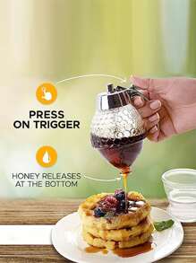 1只塑膠蜜糖分配器,帶有鍋狀容器和底座,蜜蜂裝飾收納罐,可用於蜂蜜、油、沙拉醬、香料,多功能廚房小工具 - 銀色 - 查看 5