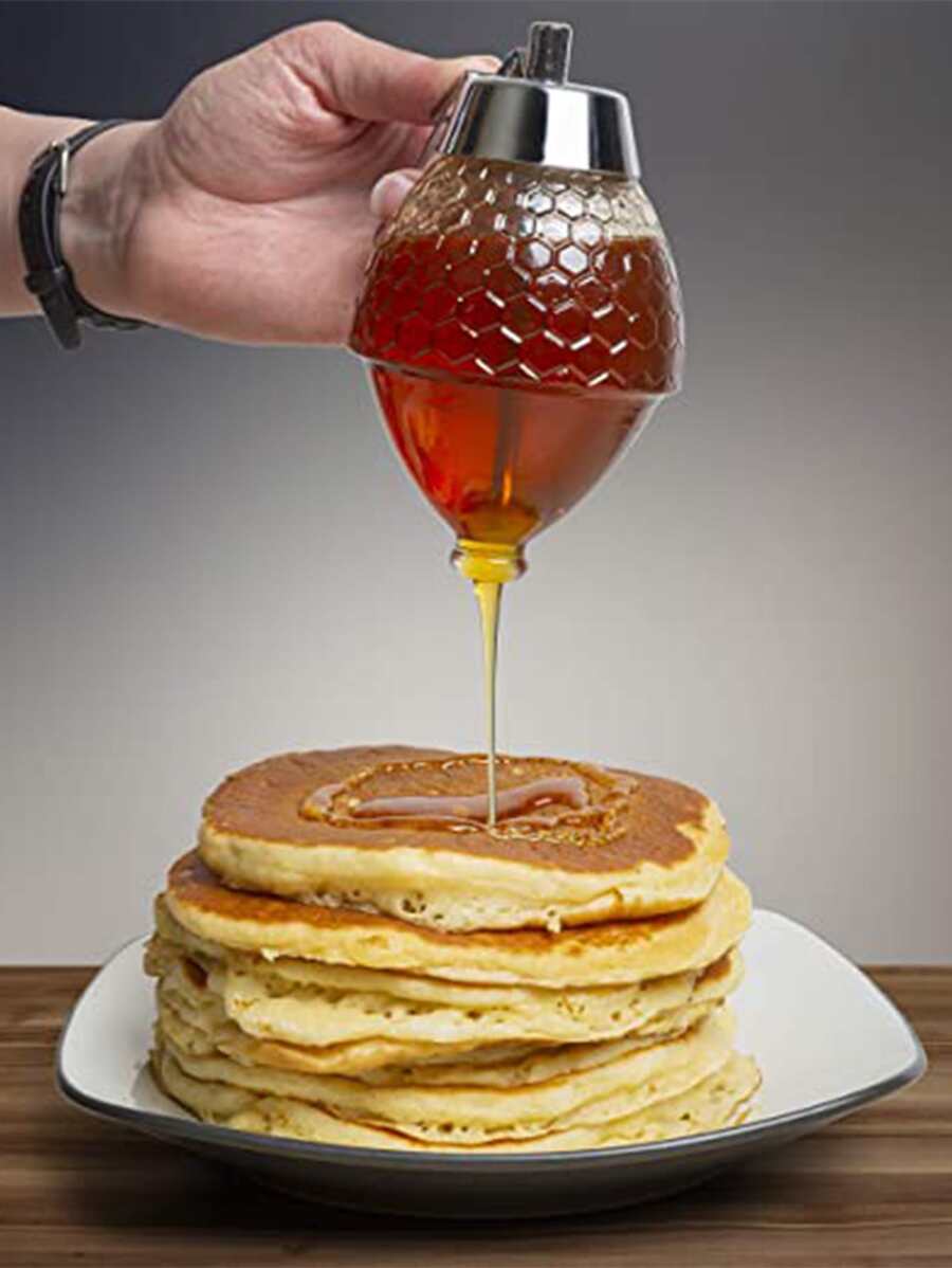 1只塑膠蜜糖分配器,帶有鍋狀容器和底座,蜜蜂裝飾收納罐,可用於蜂蜜、油、沙拉醬、香料,多功能廚房小工具 - 銀色 - 查看 1