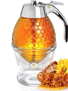 1只塑膠蜜糖分配器,帶有鍋狀容器和底座,蜜蜂裝飾收納罐,可用於蜂蜜、油、沙拉醬、香料,多功能廚房小工具 - 銀色 - 查看 7