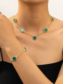 1 Set Metal Clover Flower Bracelet & Necklace - Green - View 1