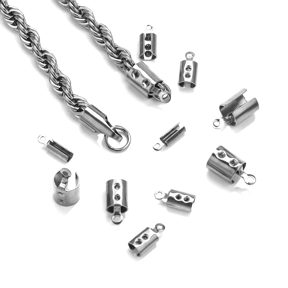 50入組不銹鋼結尾釘珠帽子皮革燈芯絨夾折疊釘珠手環DIY首飾配件連接器 - 銀色 - 查看 1