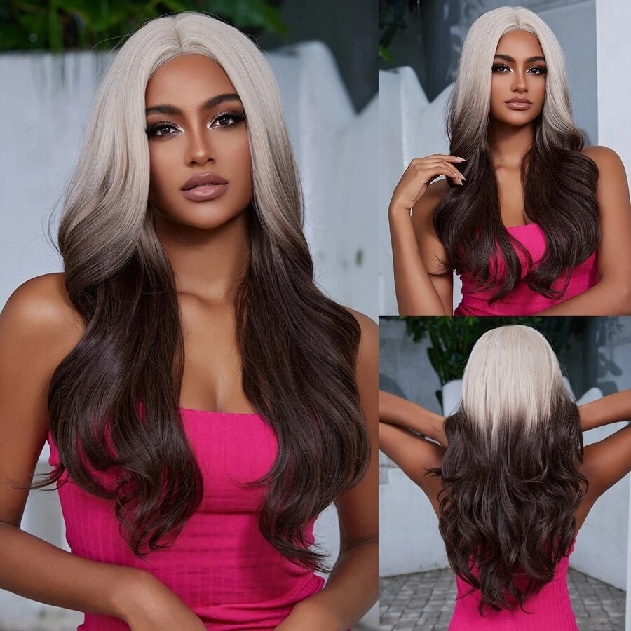 Body Wave Two-Tone 26 Inch Long Synthetic Fiber Wig For Women - Hai tông màu - Xem 1