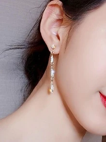 1對豪華高端風格長流蘇耳環帶美麗鑽石適合女士 - 金色 - 查看 2