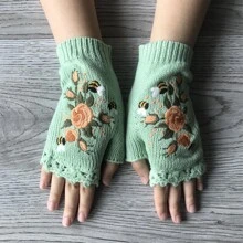 Guantes de mujeres sin dedos tejido , con con con bordado de abeja con con patrón de flor - Verde - Ver 1
