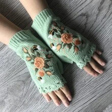 Guantes de mujeres sin dedos tejido , con con con bordado de abeja con con patrón de flor - Verde - Ver 2