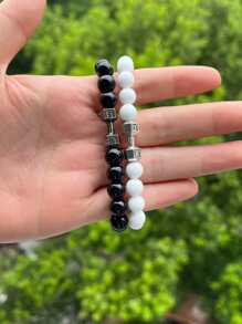2pcs/set Fashion Glass Dumbbell Decor Beaded Bracelet For Couple For Daily Decoration - Multicolor - View 6