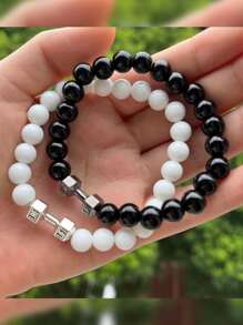 2pcs/set Fashion Glass Dumbbell Decor Beaded Bracelet For Couple For Daily Decoration - Multicolor - View 4